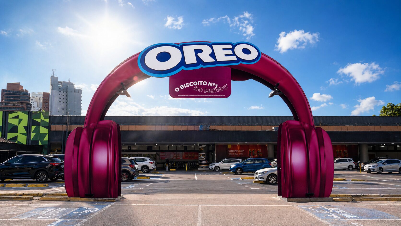 Portal Oreo durante o dia em frente ao supermercado